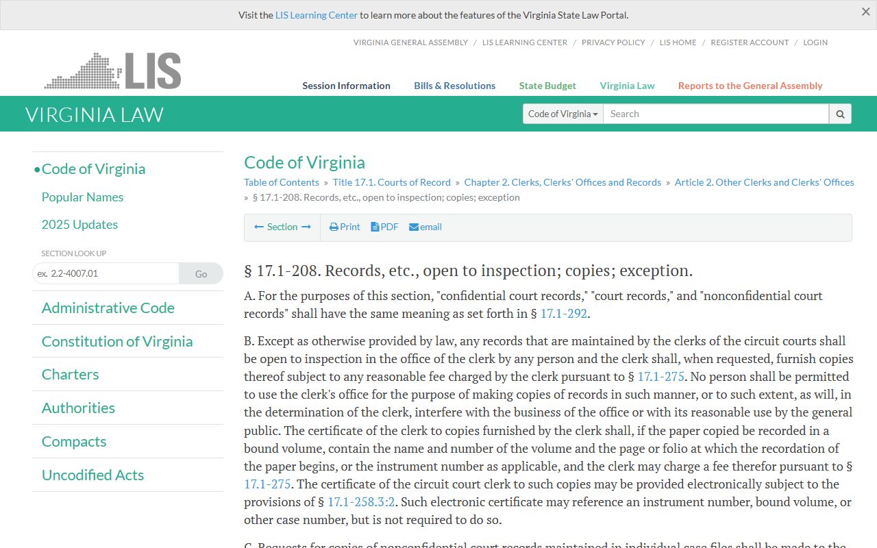 Virginia Code section 17.1-208 public access to civil court records