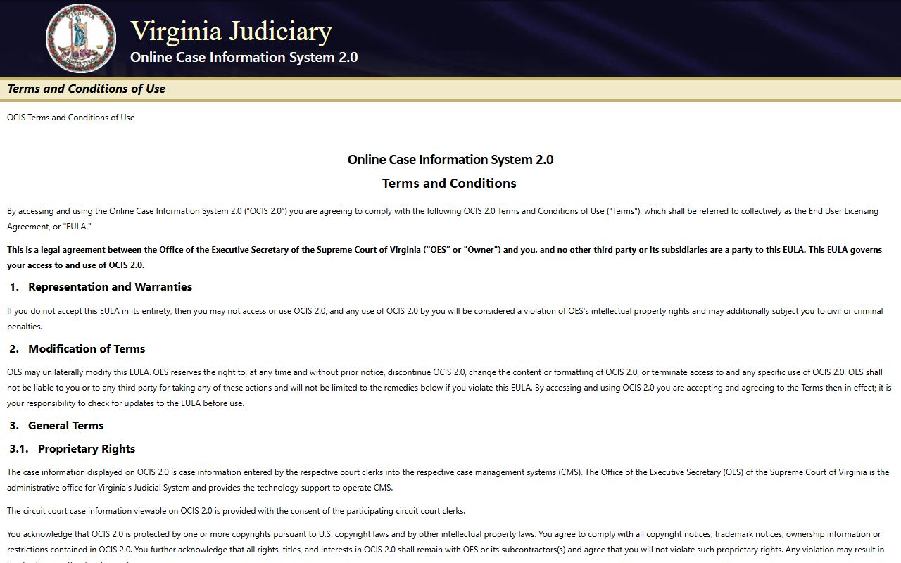 Virginia OCIS 2.0 statewide civil and criminal court records search