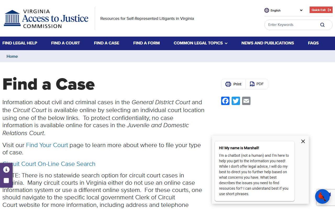 Virginia Courts self-help find a case tool for civil court records