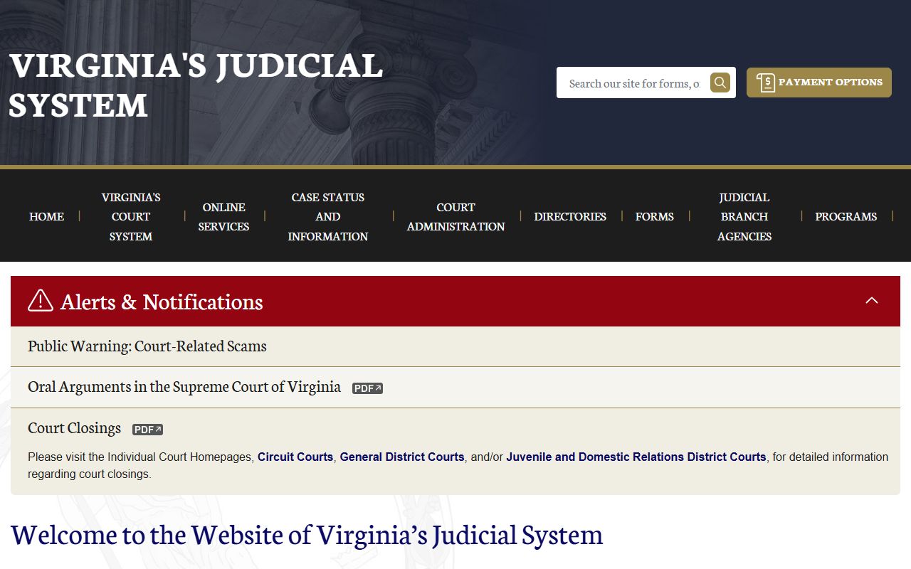 Virginia Judicial System official website for civil court records